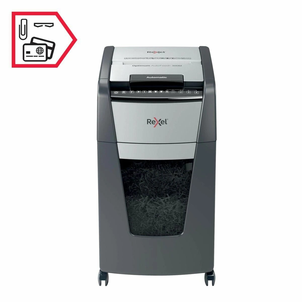 Automatinis dokumentų naikiklis Rexel Optimum Autofeed 300M, 42x15mm, P5, 60l