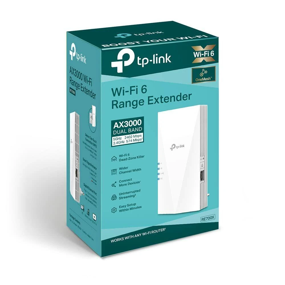 Maršrutizatorius TP-LINK | AX3000 Mesh WiFi 6 ilgintuvas | RE700X | 802.11ax | Tinklo palaikymas: Taip | 2402+574 Mbit/s | Ethernet LAN (RJ-45) jungtys: 1 | Nėra mobiliojo plačiajuosčio ryšio | MU-MiMO: Ne | Antenos tipas: 2 vidinės