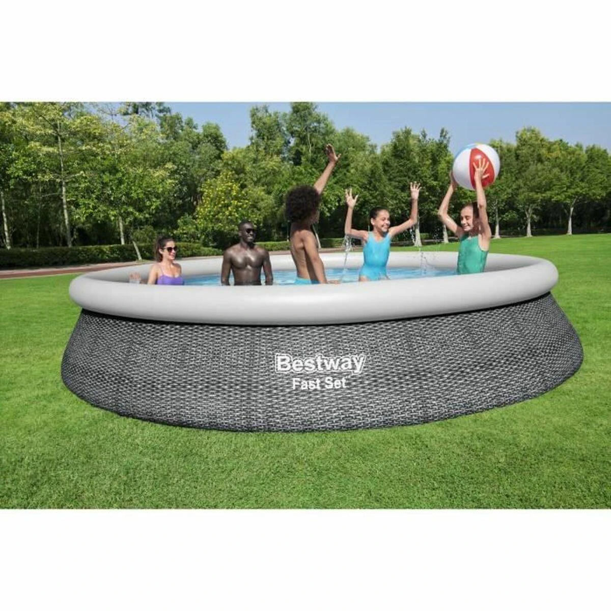 Bestway® Fast Set™ antžeminio baseino komplektas su filtravimo siurbliu Ø 457 x 84 cm, rotango išvaizdos (skalūno pilka), apvalus