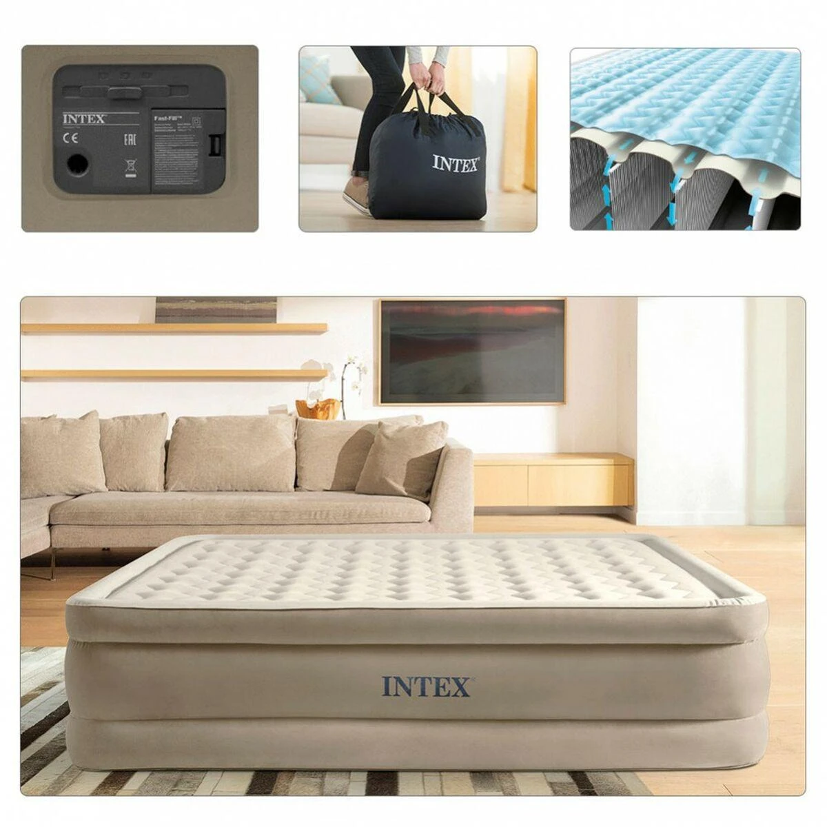 INTEX Pripučiamas čiužinys-lova Ultra Plush Queen su pompa,152x203x46cm