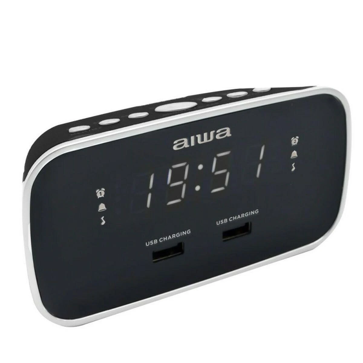 Aiwa Laikrodis su FM radiju, žadintuvu ir 2 USB įkrovimo lizdais, juodas