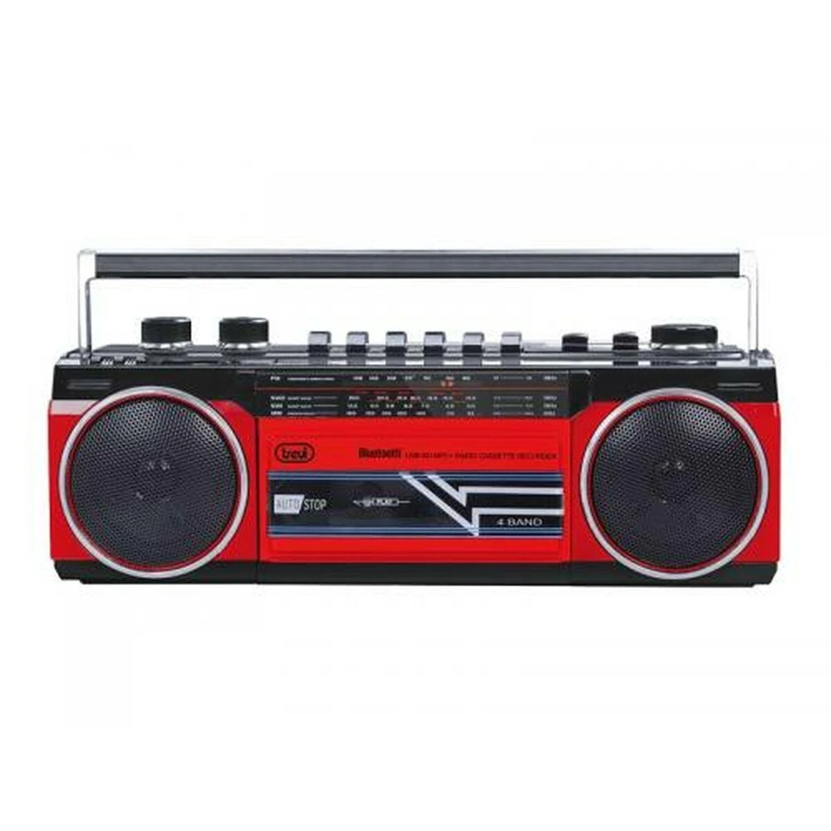 Trevi BT Radio Recorder, Cassette grotuvas/recorder with automatic recording level and autostop function, 4 band radio MW/FM/SW1-2, USB/SD inputs with playback of MP3 files, Belaidė jungtis to listen to wireless music from Išmanusis telefonas and Planšetė, Raudona