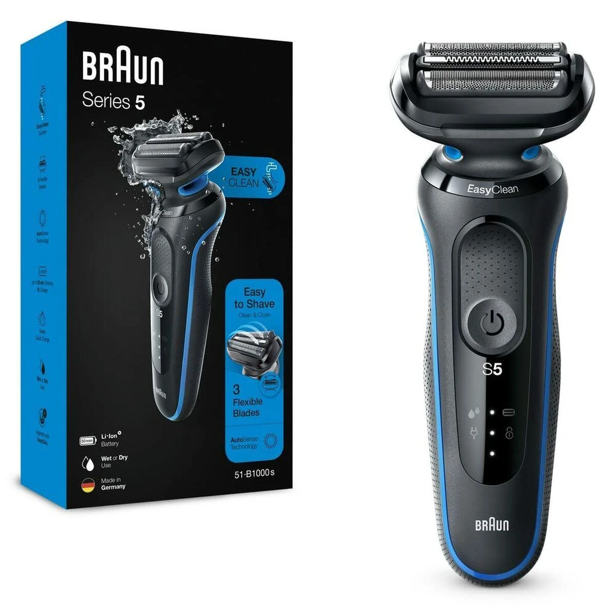 Braun | Shaver | 51-B1000s | Operating time (max) 50 min | Wet & Dry | Juodas/Mėlyna