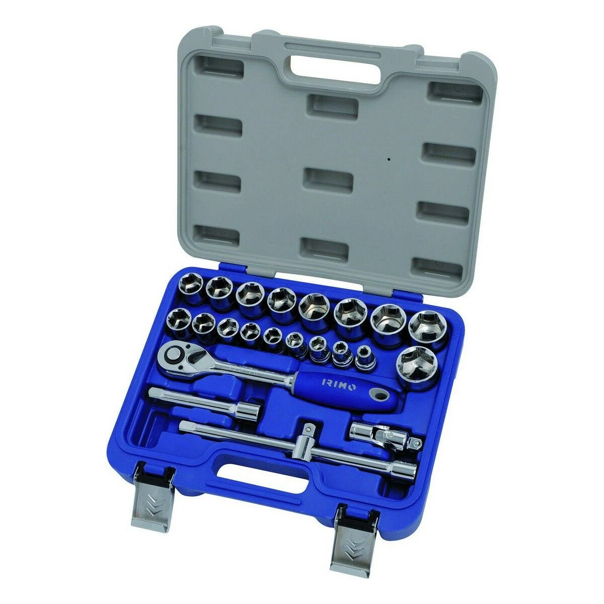 Galvučių, priedų ir terkšlės rinkinys 1/2" 23 vnt. 8-32mm IRIMO