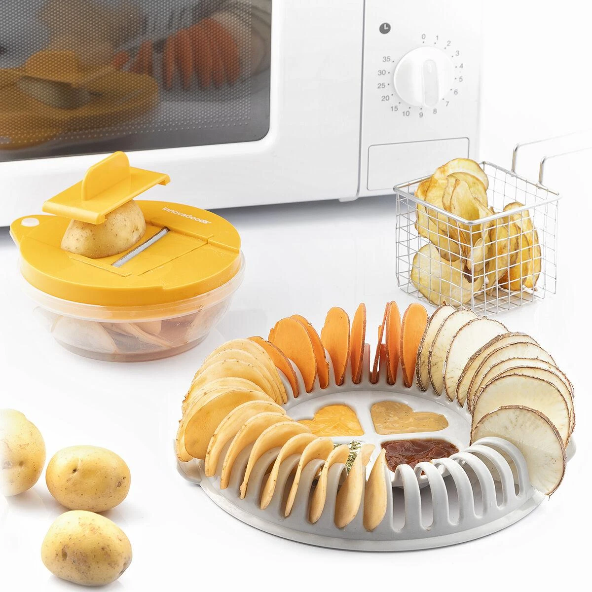 „InnovaGoods“ mikrobangų drožlių gaminimo mašina su „InnovaGoods“ lustų pjaustytuvu ir receptais