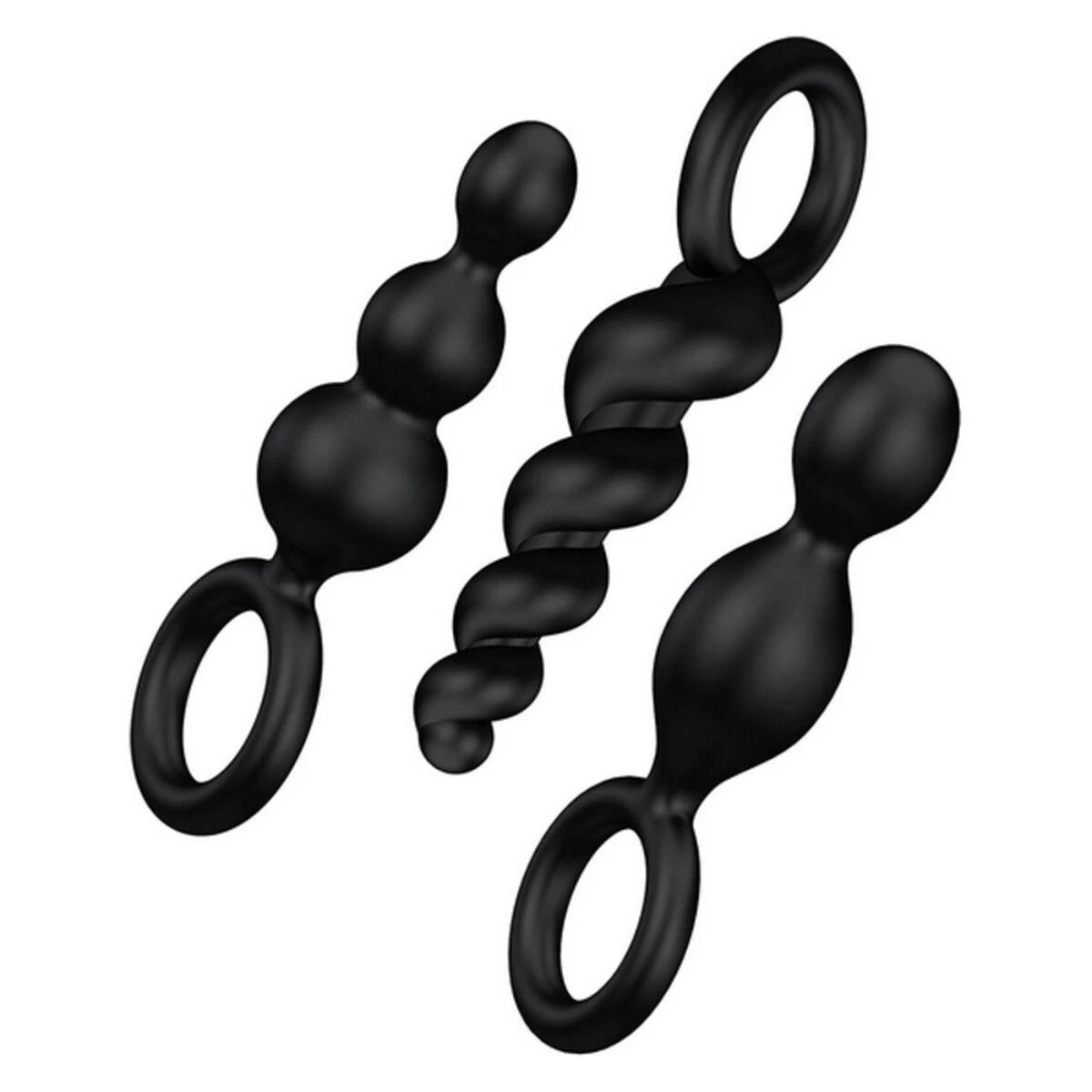 „Satisfyer Booty Call“ analinių kamštukų rinkinys su stimuliuojančia Juodo struktūra