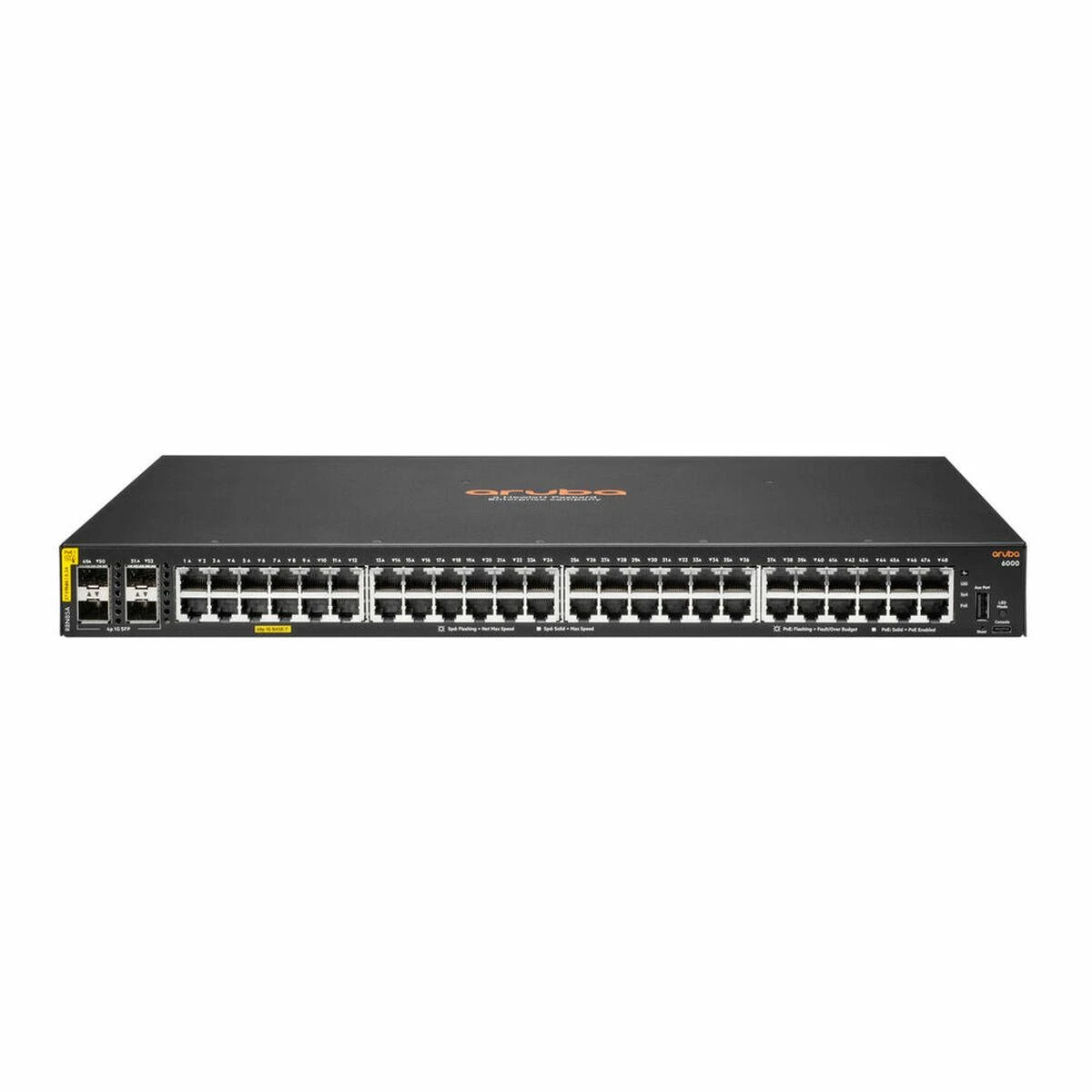 Šakotuvas „Hewlett Packard“ (HP) „HPE Aruba Networking CX 6000 48G Class4 PoE 4SFP 370W“ komutatorius, valdomas L2 gigabito eterneto (10/100/1000) palaikymas eternetui (PoE), 1U