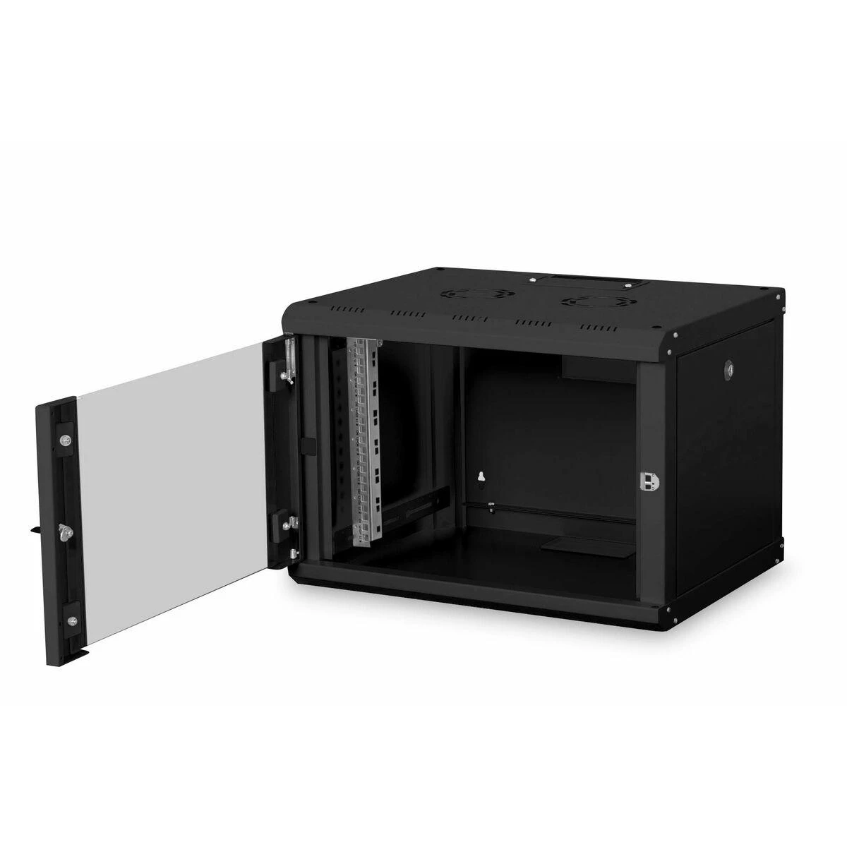 Digitus | Prie sienos tvirtinama spintelė | DN-19 07-U-SW | IP apsaugos klasė: IP20; Priekinės durys: Stiklinės durys, vienos pusės atidaromos; Spintelės tipas: Prie sienos tvirtinama spintelė; Įrangos montavimo gylis min.-maks.: 305-370 mm; Keliamoji galia: 100 kg; Matmenys 420 x 600 x 450 mm, | Juodas