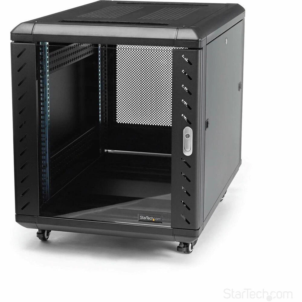 StarTech.com 4 stulpų 12U serverio stelažo spintelė, užrakinama 19 colių duomenų stelažo spintelė kompiuteriams / AV / IT įrangai, biuro / namų tinklo stelažas su ratukais ir reguliuojamais tvirtinimo bėgeliais, laisvai pastatoma stelažas, 12U, 800 kg, rakto spyna, ratukai, 43,5kg