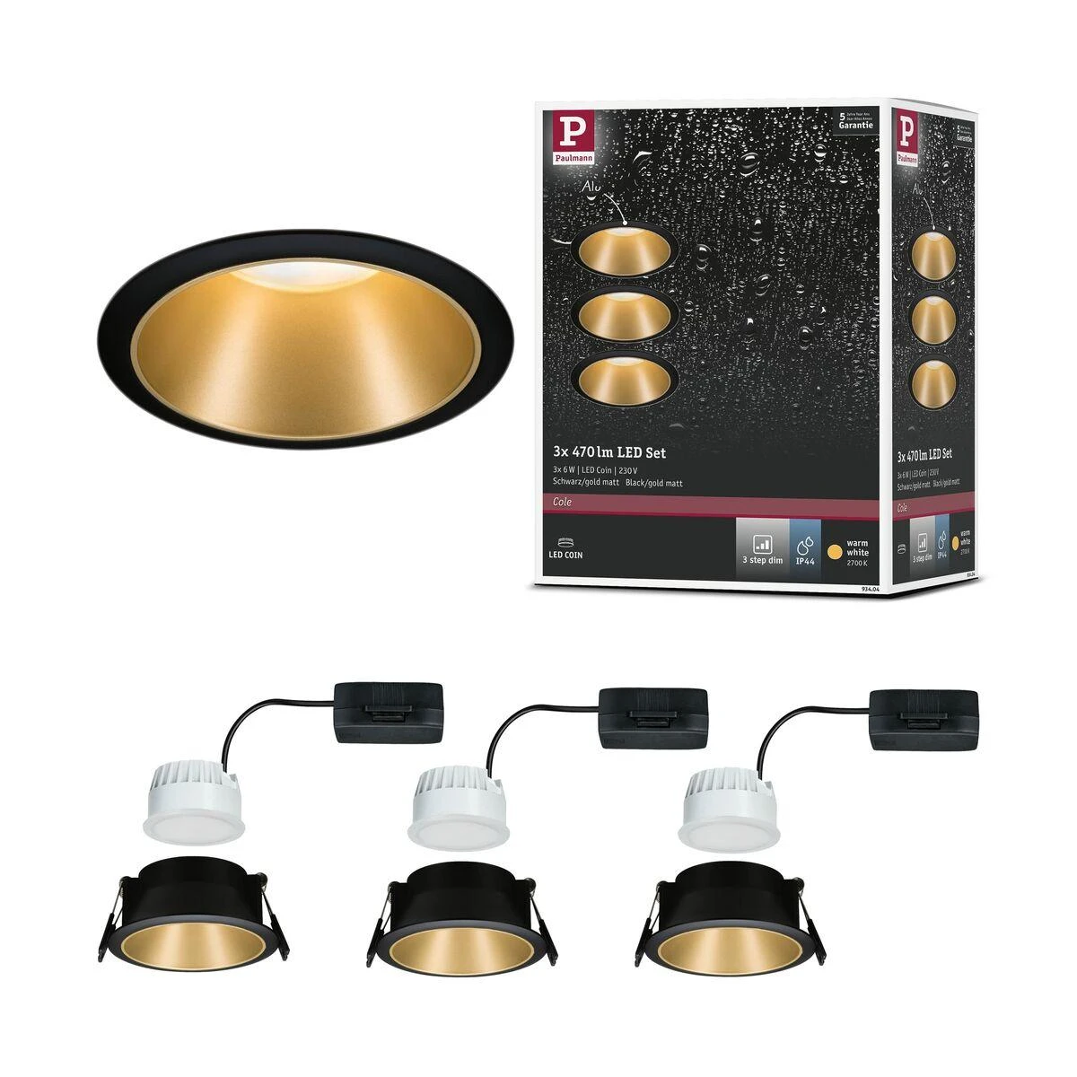 „Paulmann Cole Coin“ įleidžiamas šviestuvas, 3 pakopų pritemdymas, LED, 3x6,5W, 2700K, 230V, Juodas/Auksinis-Mat/Plastic