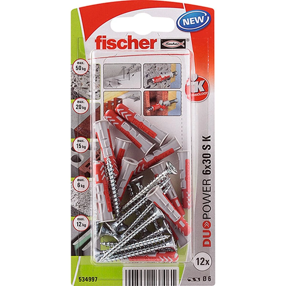 Kaištis Fischer DuoPower, 30 mm x 6 mm, 12 vnt.