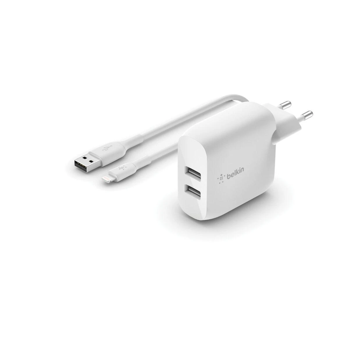 Įkroviklis Belkin Boost Charge Dual USB-A 24W + USB-A iki Lightning kabelis baltas