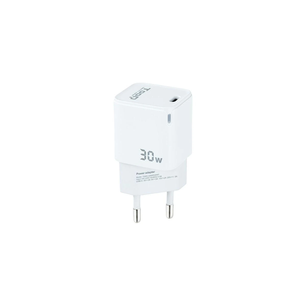 „TooQ GAN“ USB-C/PD sieninis įkroviklis, 30 W, baltas, skirtas naudoti patalpose, kintamosios srovės, baltas
