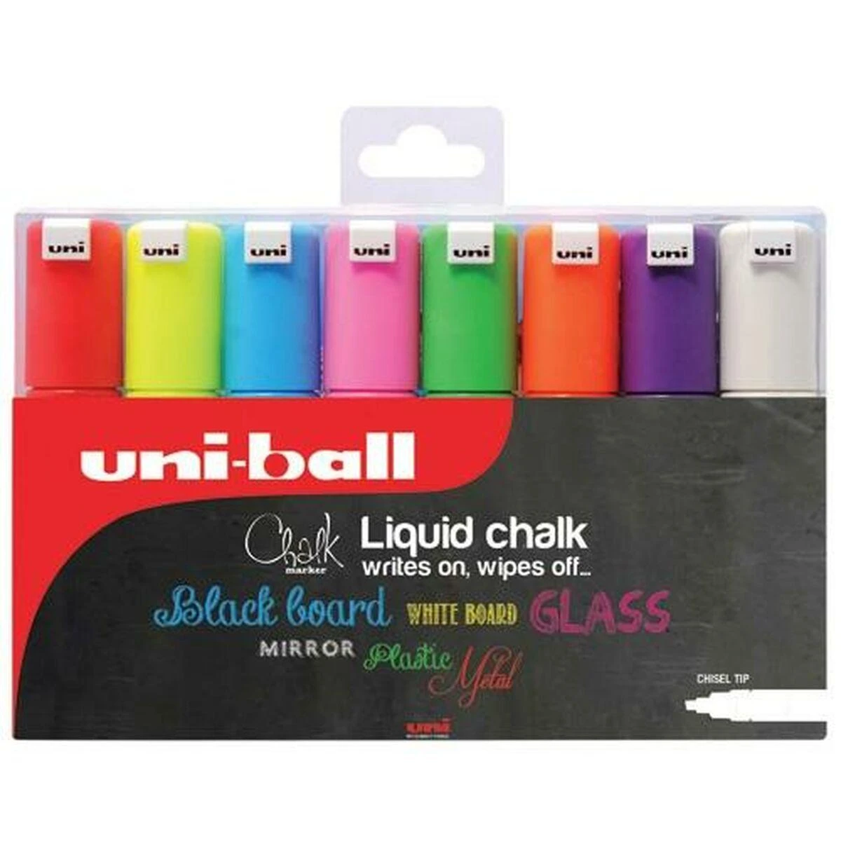 Uni Mitsubishi Pencil UNI-BALL Kridtmarker Uni-ball, skrå, etui a 8 farver