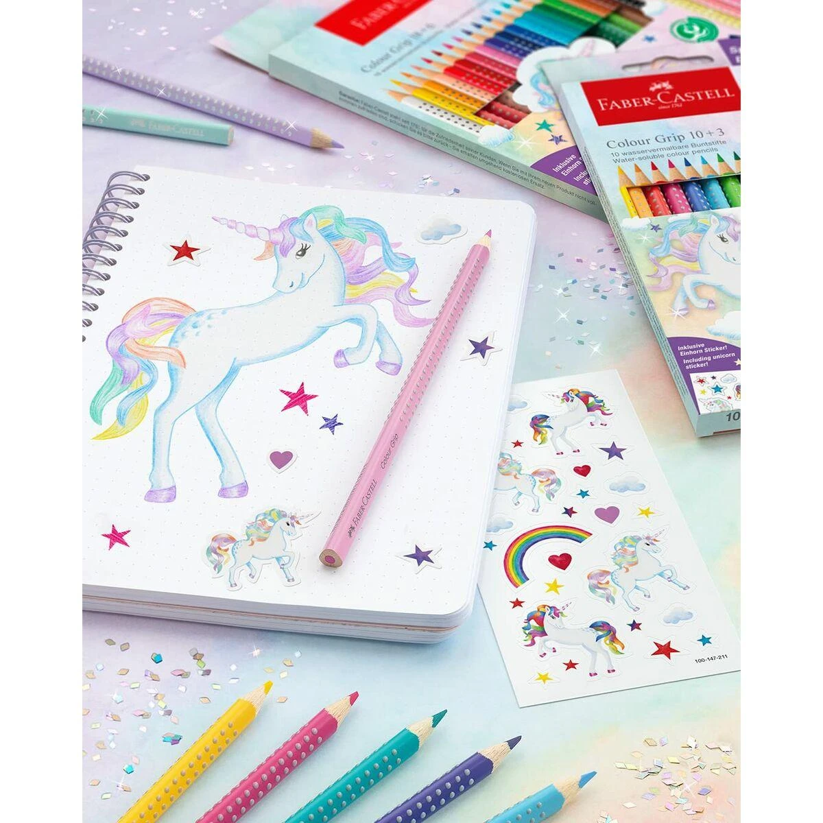 Spalvoti pieštukai Faber-Castell Colour Grip Unicorn 18 +6 sparkle pastell spalvos