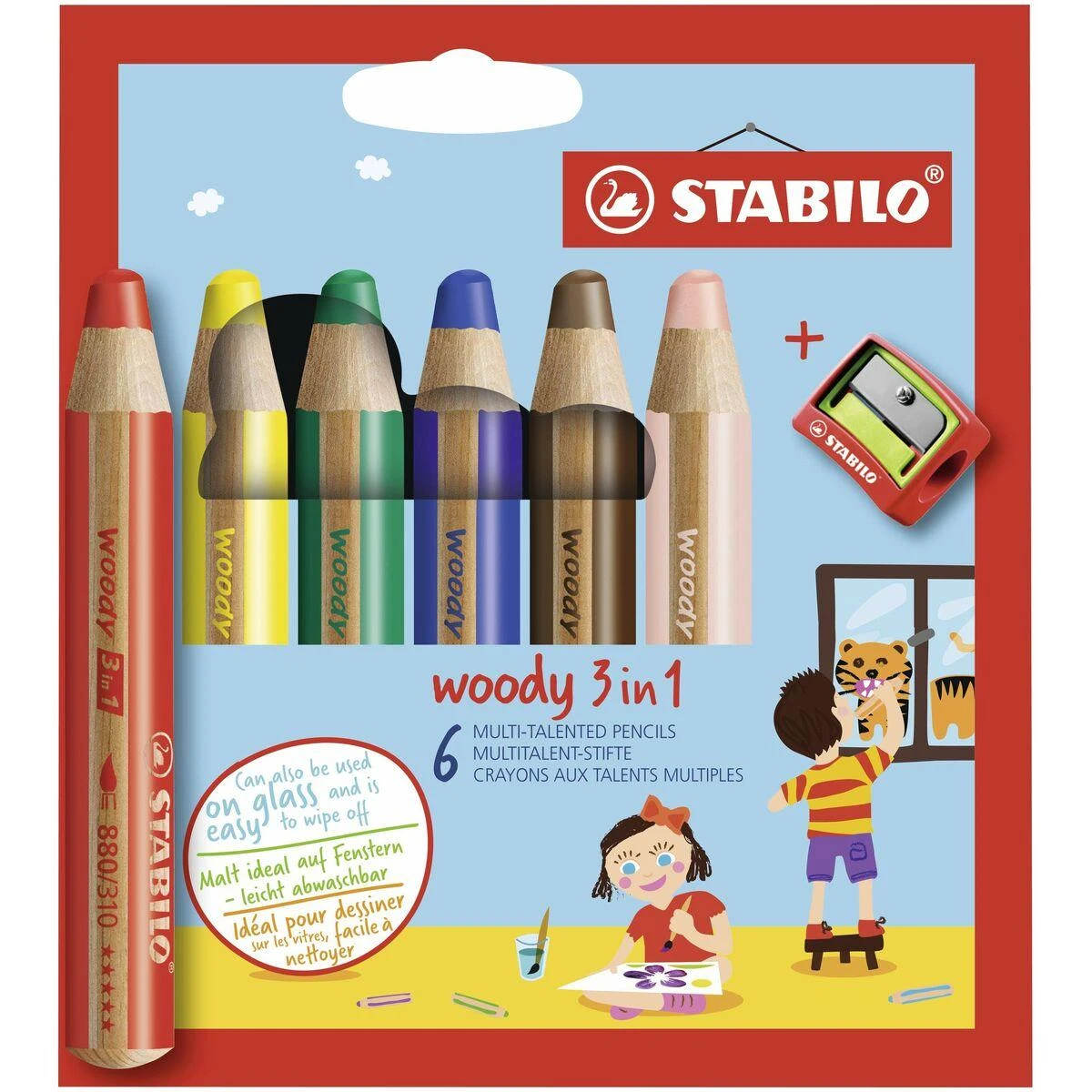 Stabilo Woody 3in1 6 spalvų pieštukai + STABILO galąstuvas