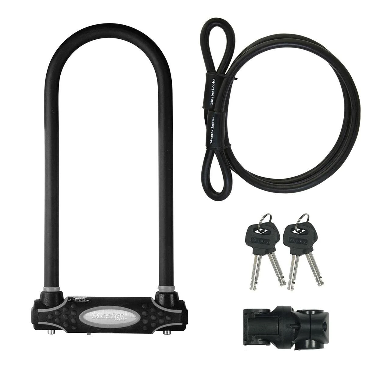 Masterlock MASTER LOCK Grūdinto plieno „U“ formos dviračio spyna su papildomu trosu ir laikikliu spynai