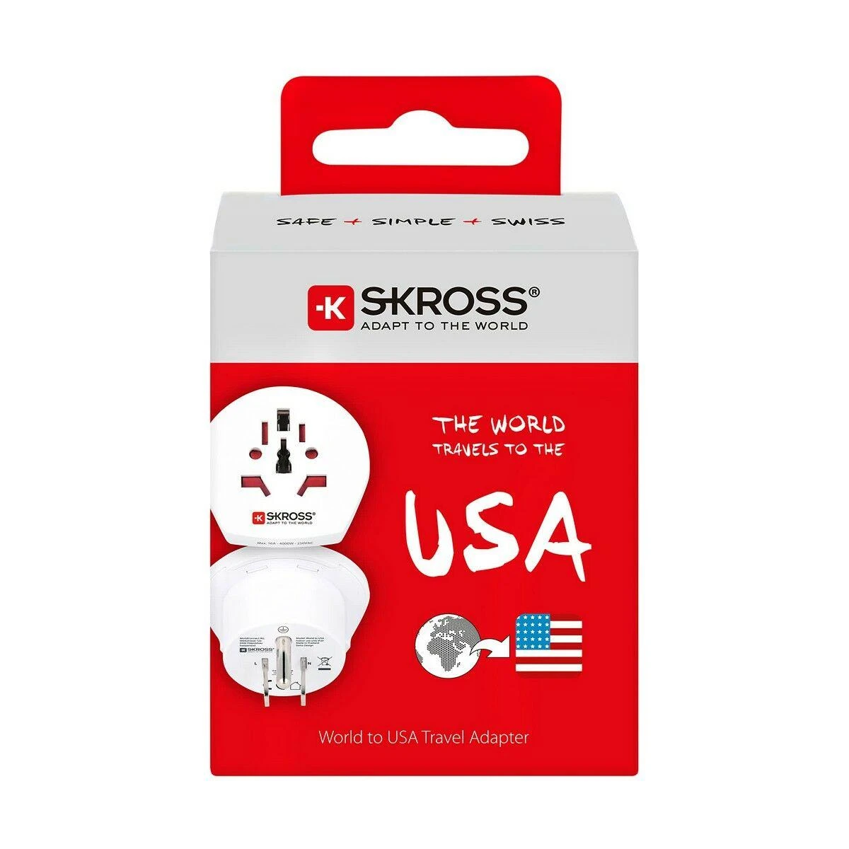 Skross USA kelionių adapteris pakuotėje