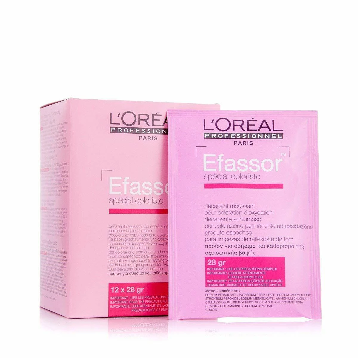 L'Oreal Efassor plaukų dažų valiklis pakuotė ir paketėlis