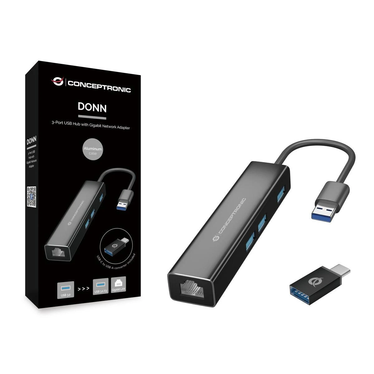 Conceptronic DONN07BA 3 prievadų USB šakotuvas su gigabito tinklu