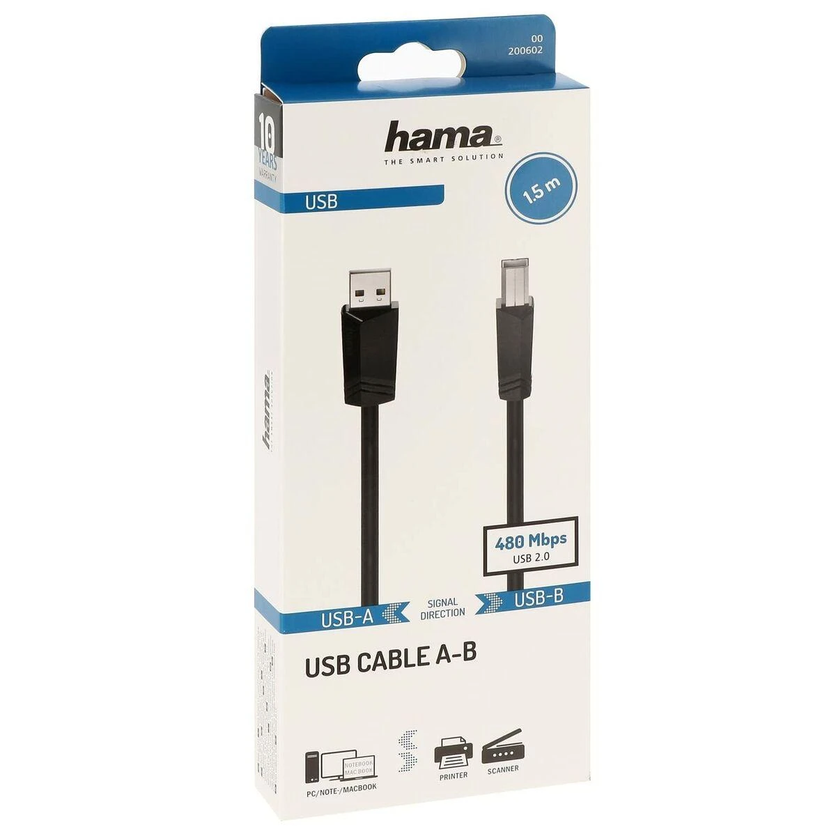 Hama USB A-B 1,5m juoda