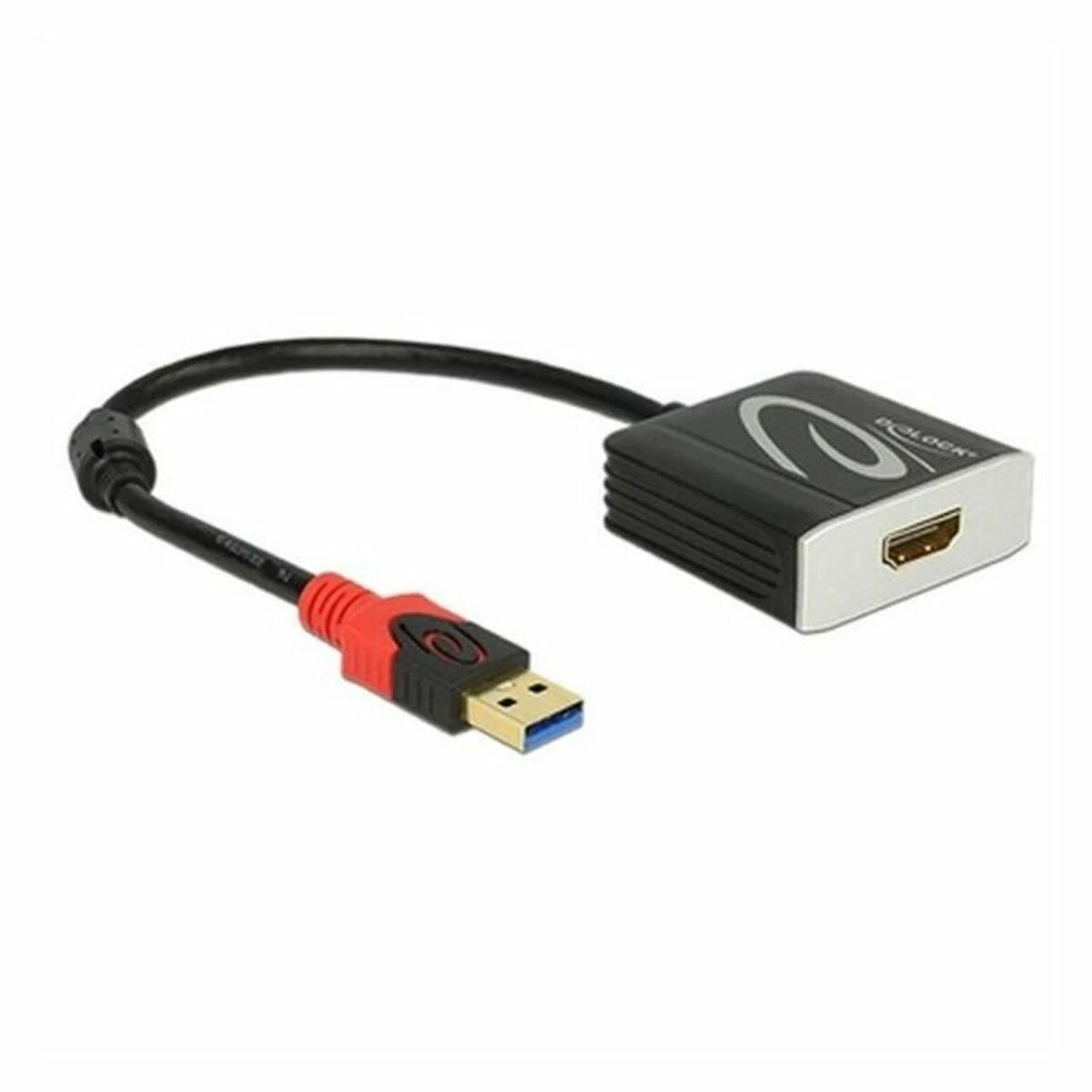 Juodas USB į HDMI vaizdo adapteris su integruotu laidu