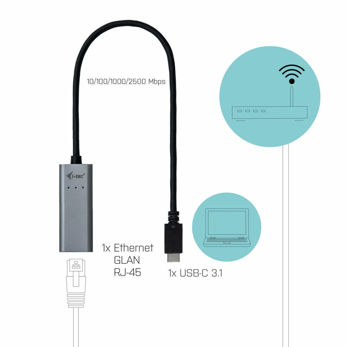 I-TEC USB-C metalinis 2,5 Gbps Ethernet adapteris 1x USB-C į RJ-45 LED suderinamas su Thunderbolt 3