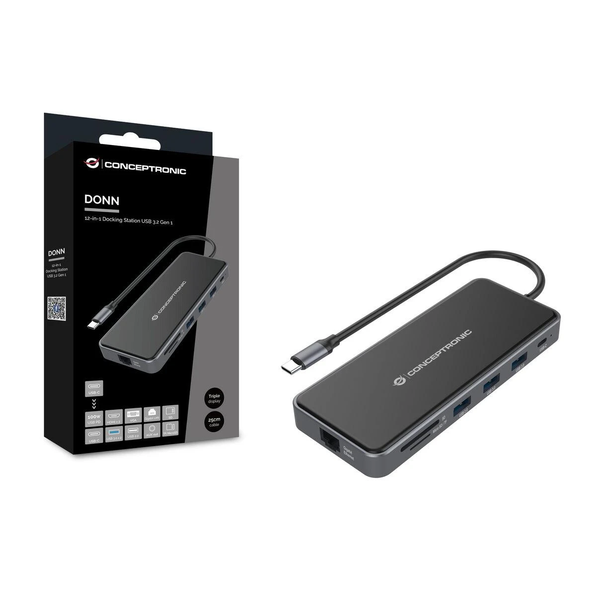 Carruzzo Conceptronic DONN15G knyginių kompiuterių dokas / jungčių replikatorius Vielinis USB 3.2 Gen 1 (3.1 Gen 1) Type-C Pilka