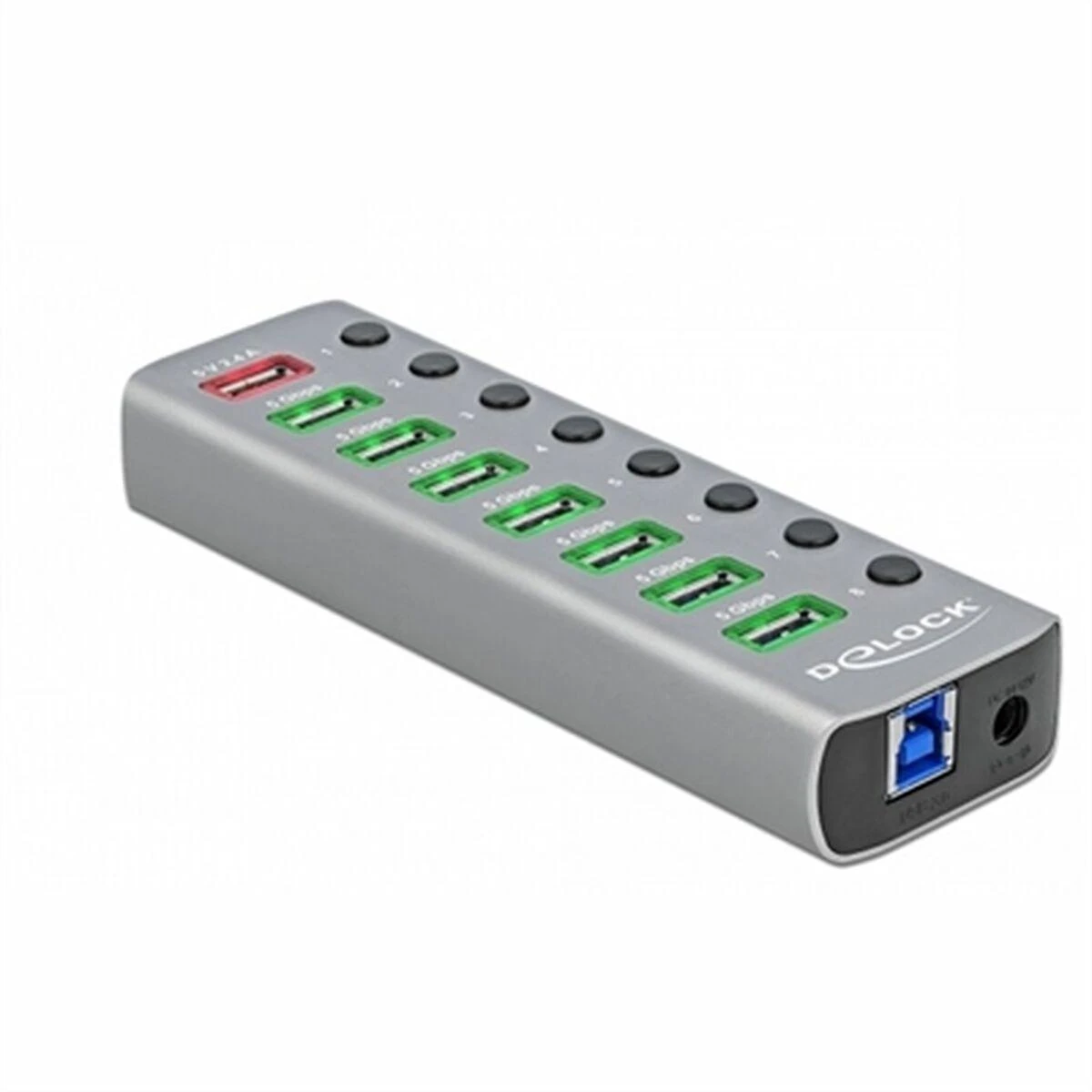 Delock USB 3.2 Gen 1 šakotuvas su 7 prievadais + 1 greito įkrovimo prievadu + 1 USB-C™ PD 3.0 prievadu