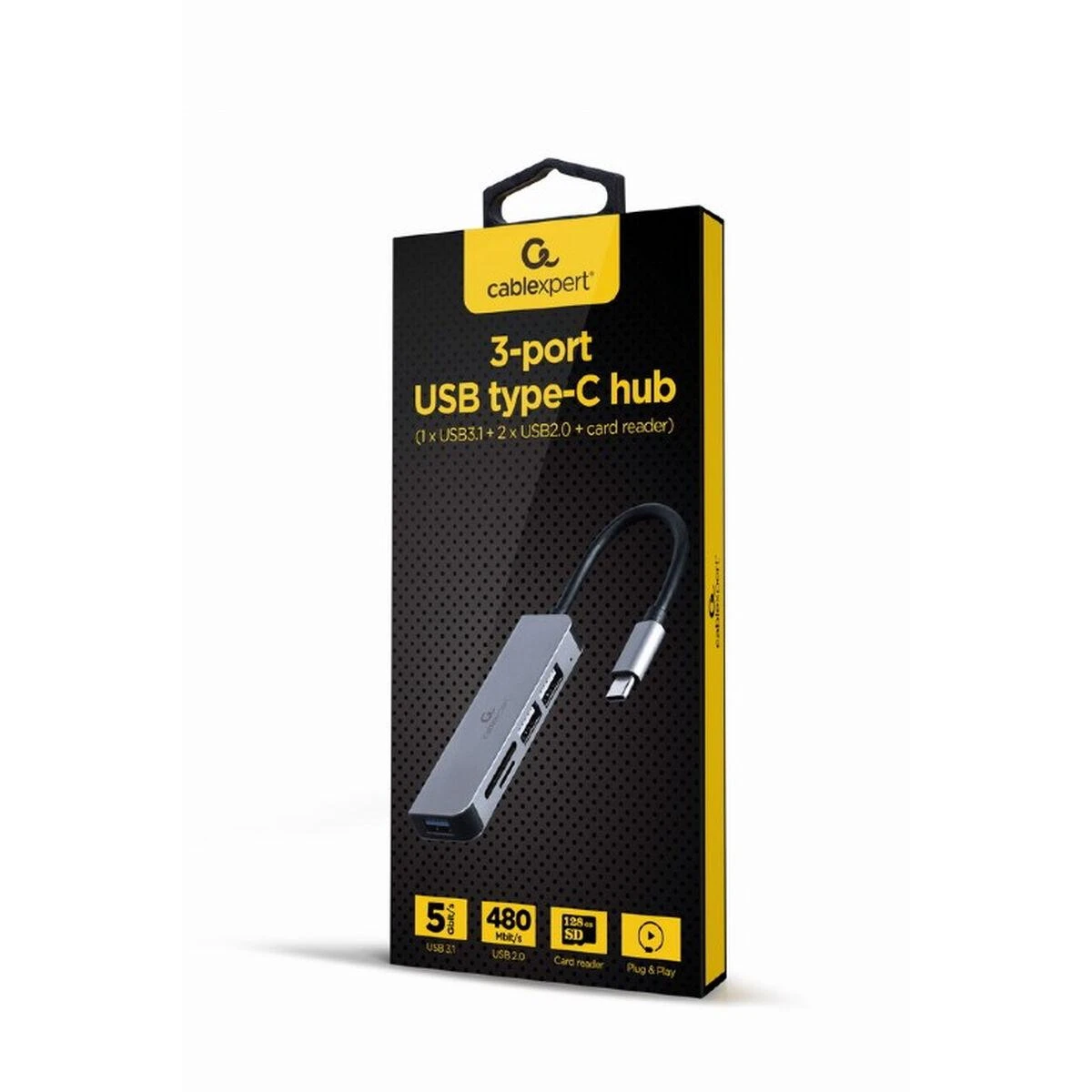 Gembird USB-C šakotuvas su kortelių skaitytuvu pakuotė
