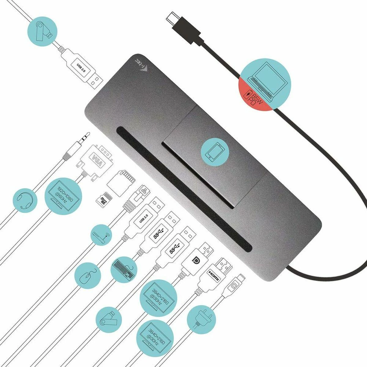 I-tec Metal C31FLATDOCKPDPRO knyginių kompiuterių dokas / jungčių replikatorius Vielinis USB 3.2 Gen 1 (3.1 Gen 1) Type-C Pilka
