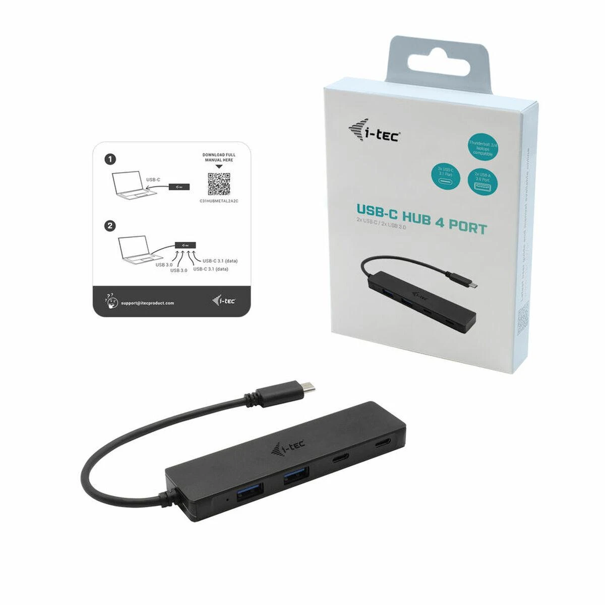 I-TEC USB-C metalinis stebulės 2xUSB 3.0 2xUSB-C 5Gbps be maitinimo adapterio, idealiai tinka nešiojamajam kompiuteriui Ultrabook Planšetė PC
