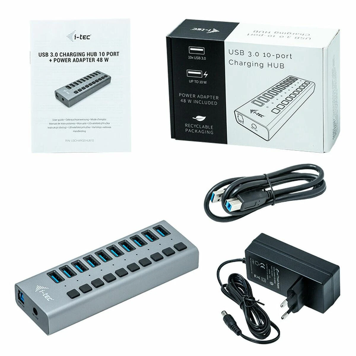 I-TEC USB 3.0 įkrovimo HUB 10 prievadų prievadas su išoriniu maitinimo adapteriu 48 W 10x USB įkrovimo prievadas, skirtas planšetiniams kompiuteriams Nešiojamiesiems kompiuteriams Ultrabooks kompiuteriams