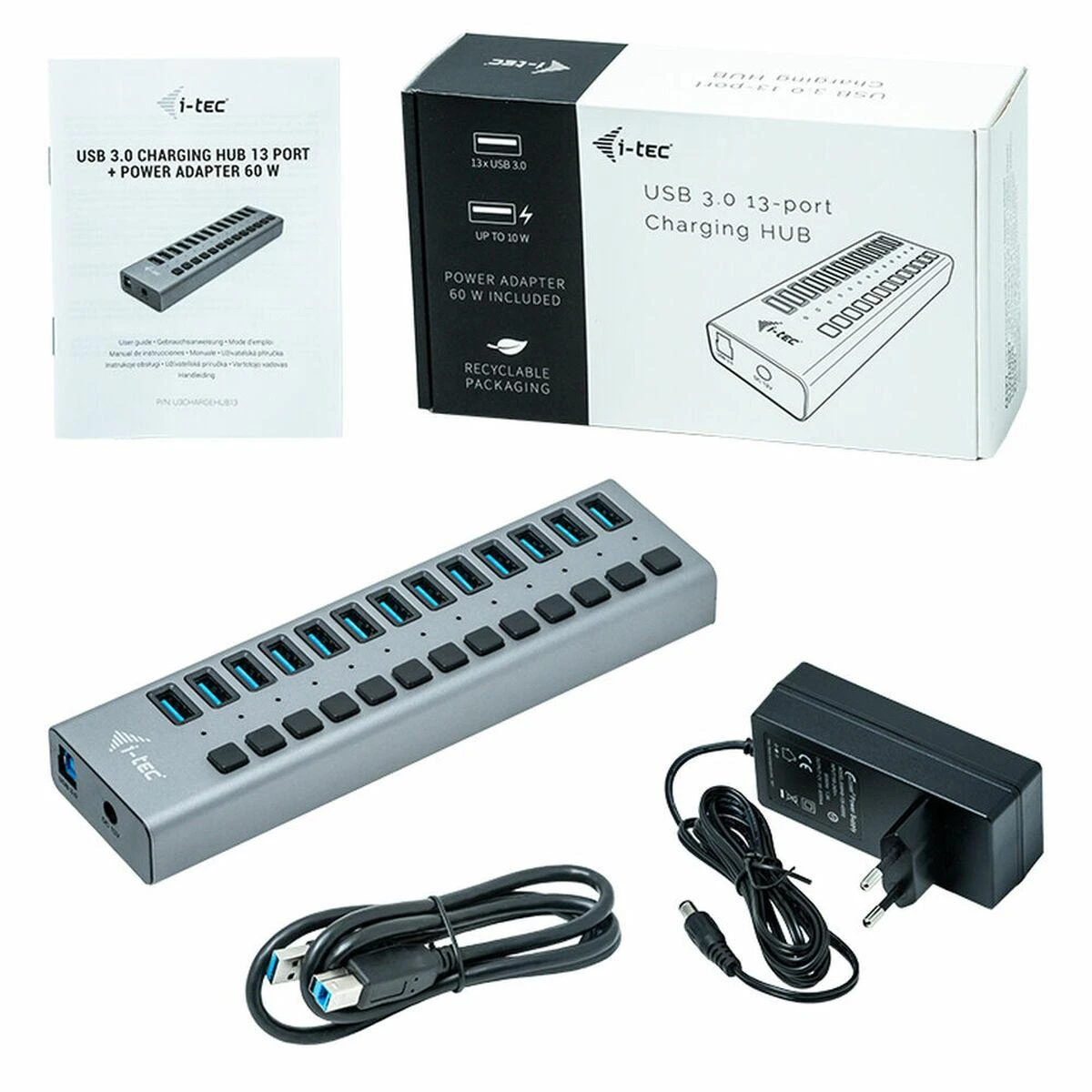 I-TEC USB 3.0 Charging HUB 13 prievadų prievadas su išoriniu maitinimo adapteriu 60 W 13x USB įkrovimo prievadas, skirtas planšetiniams kompiuteriams Nešiojamiesiems kompiuteriams Ultrabook kompiuteriams