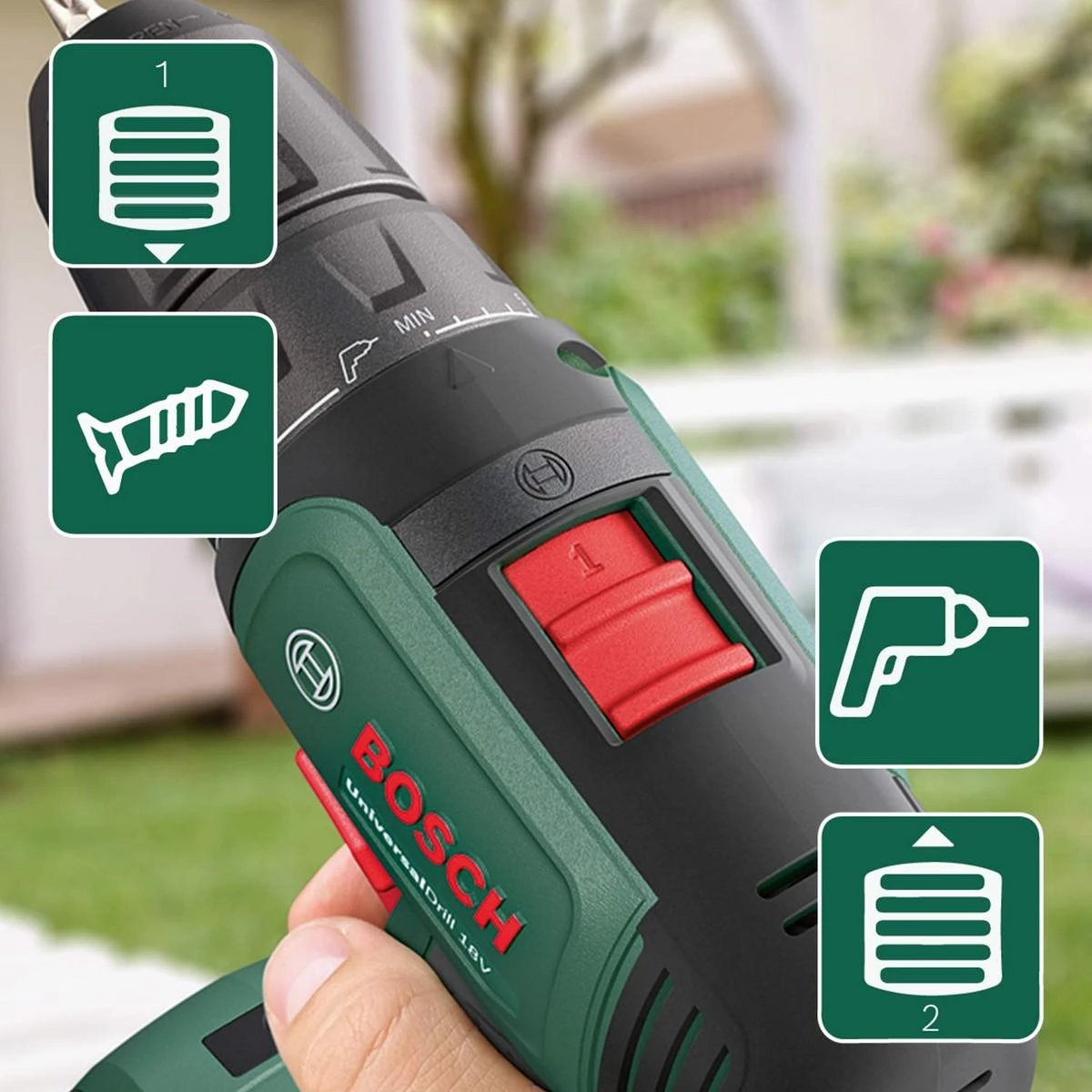 Bosch Universal Drill 18V (2x1,5) Akumuliatorinis dviejų greičių gręžtuvas - suktuvas