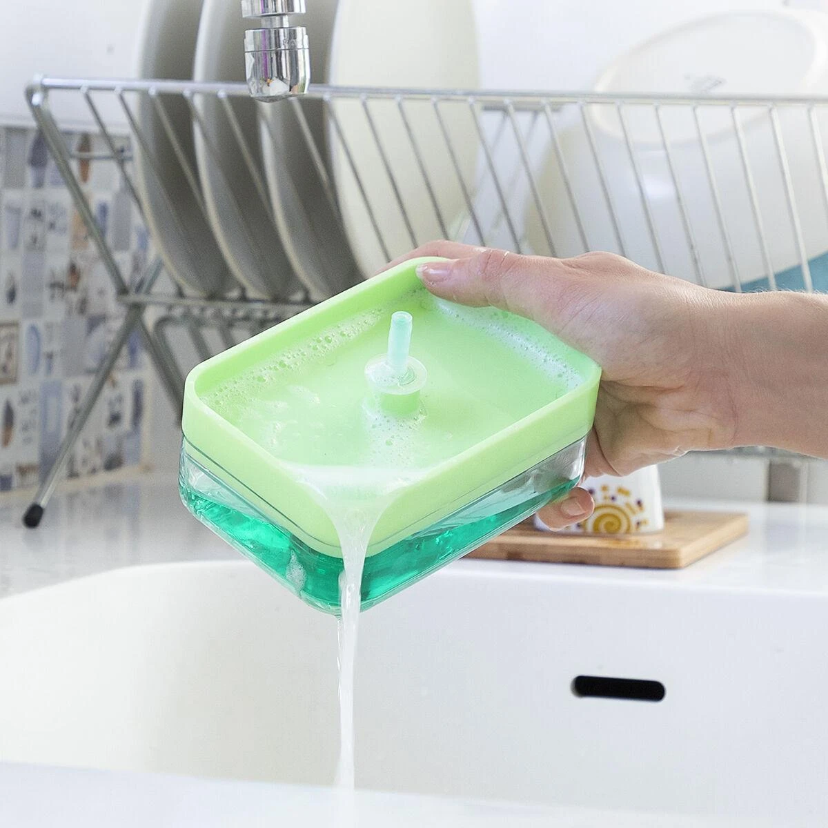 InnovaGoods muilo dozatorius 2 viename Pushoap skirta indams skysčio dozatorius kriauklei