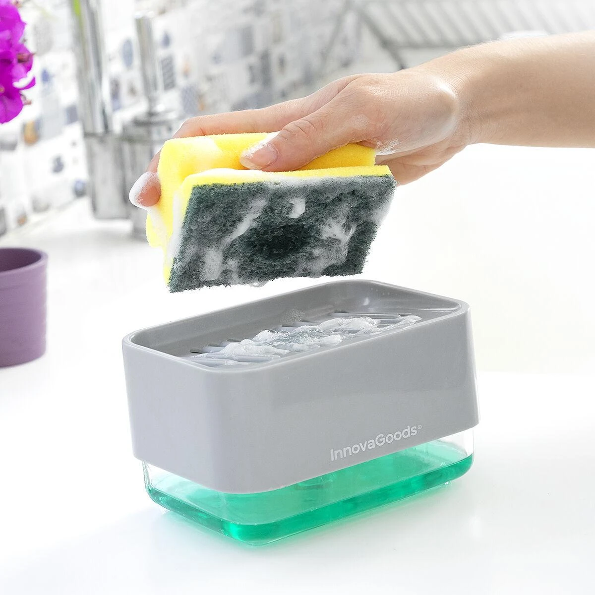 InnovaGoods muilo dozatorius 2 viename Pushoap skirta indams skysčio dozatorius kriauklei