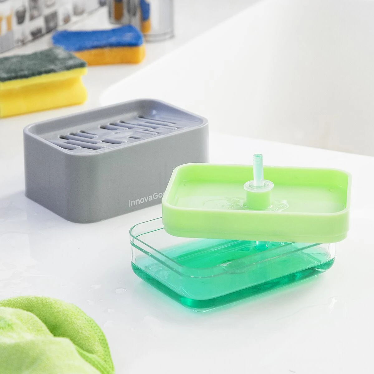 InnovaGoods muilo dozatorius 2 viename Pushoap skirta indams skysčio dozatorius kriauklei