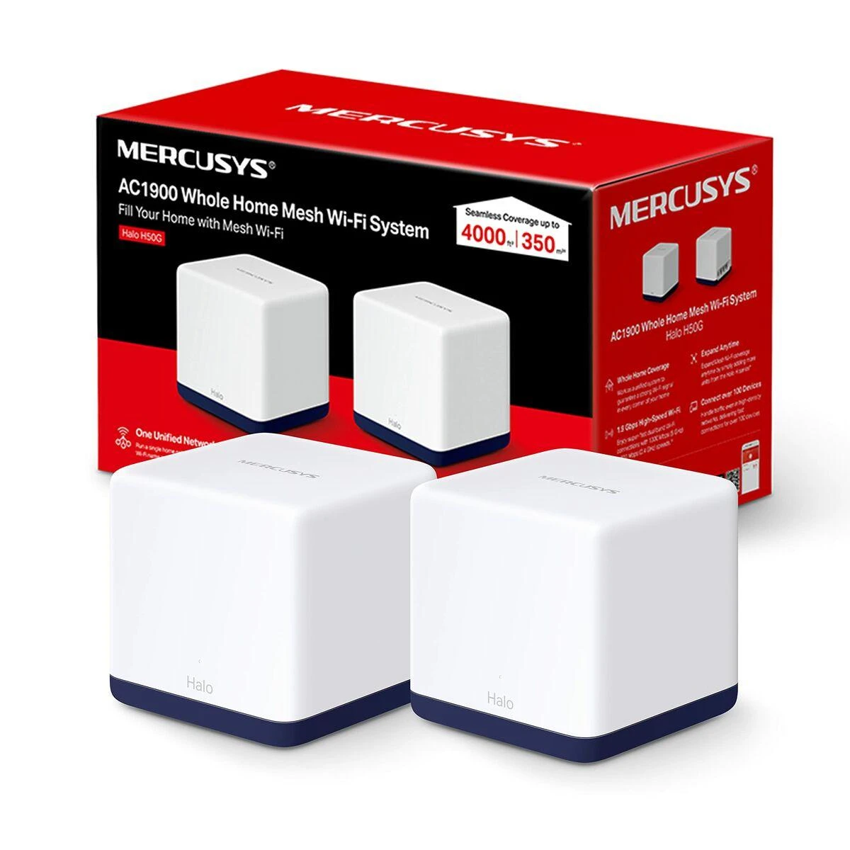 Maršrutizatorius TP-Link „Mercusys“ | AC1900 viso namo tinklinio „Wi-Fi“ sistema | „Halo H50G“ (2 vnt.) | 802.11ac | 600+1300 Mbps | Ethernet LAN (RJ-45) jungtys 3 | Tinklo palaikymas: Taip | MU-MiMO: Taip | Mobilusis plačiajuostis ryšys: Be