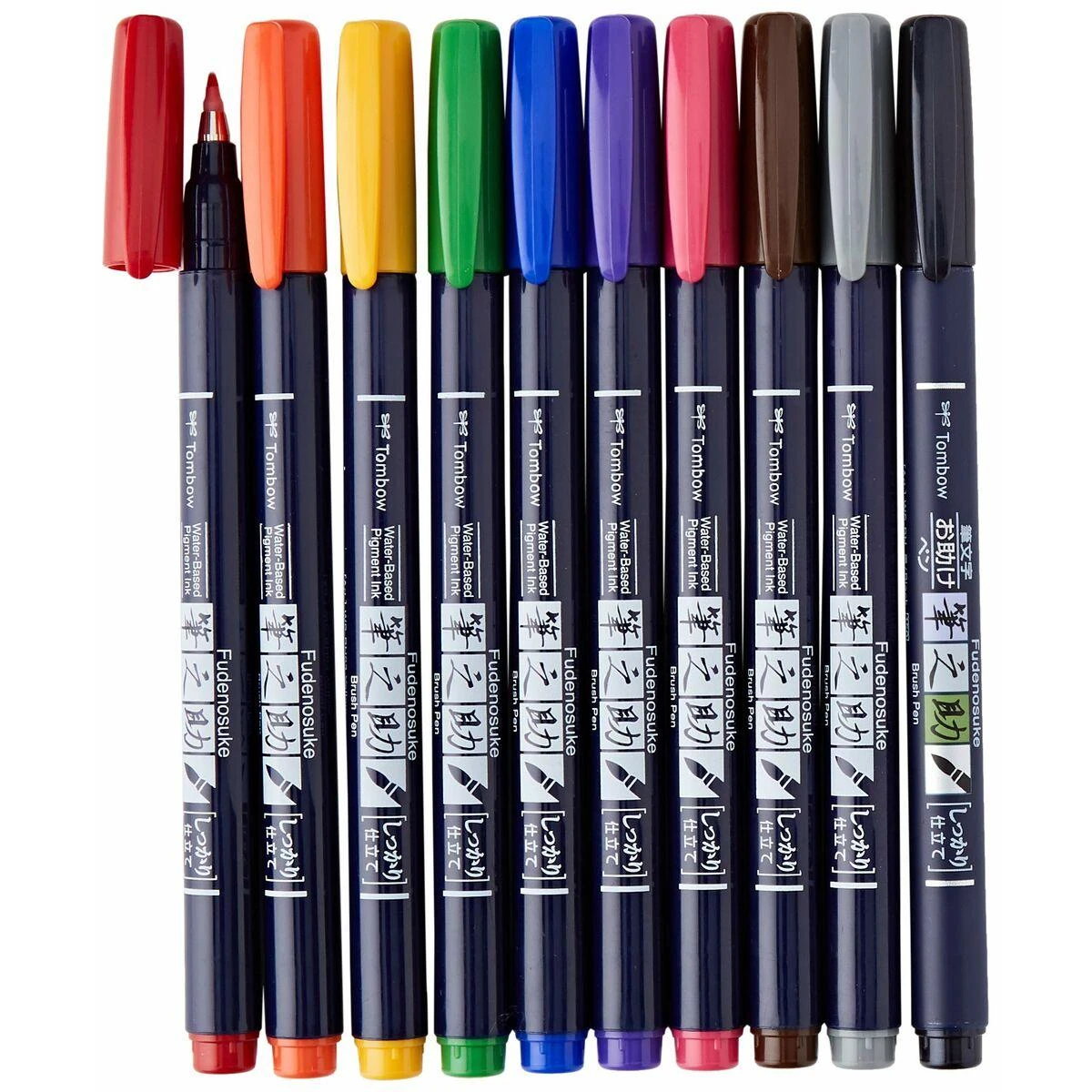 Tombow WS-BH-10P, plonas/vidutinis, 10 spalvų, juoda, mėlyna, žalia, pilka, oranžinė, rožinė, geltona, apvalus ir teptuko formos antgalis, daugiaspalvis, apvalus