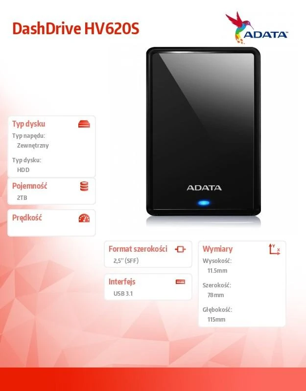 Išorinis kietasis diskas Adata HV620S 2TB, USB 3.1, Juodas
