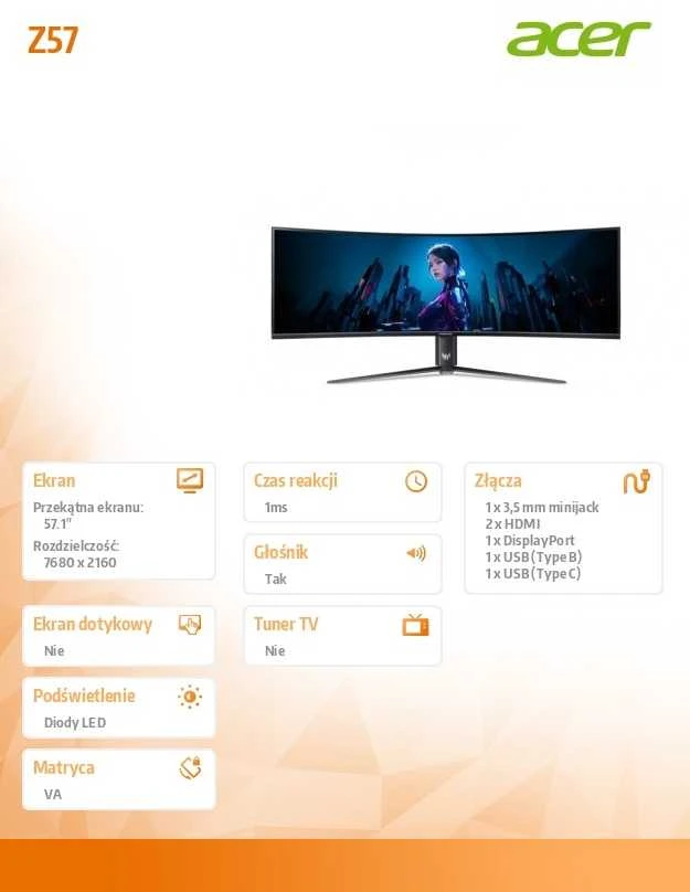 Monitorius Acer Predator Z57BMIIPHUZX - 57 colių | VA | DUHD | 1 ms | 120 Hz