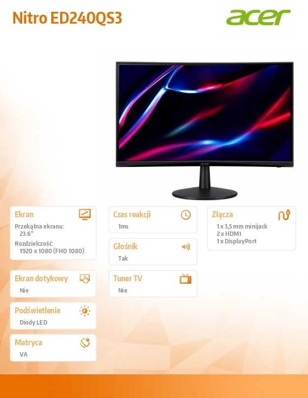 Monitorius Acer ED240QS3 - 180Hz | Full HD | 23.6'' | VA | 1ms