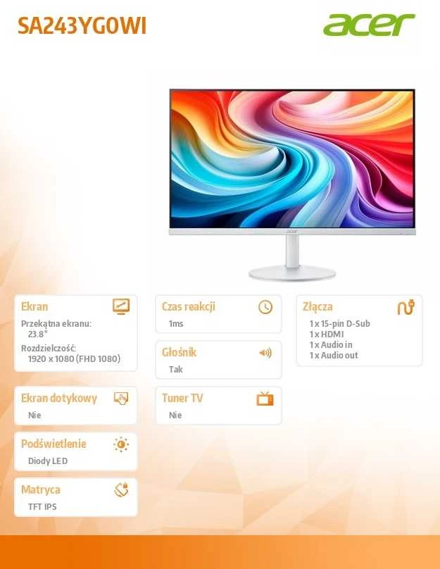ACER LCD SA243YGOwi 60 cm (23,8 colio) IPS LED monitorius, FHD 1920x1080@120Hz HDMI, 75Hz VGA, 250cd/m2, 178/178, 1 ms (VRB), 1xVGA+ 1xHDMI