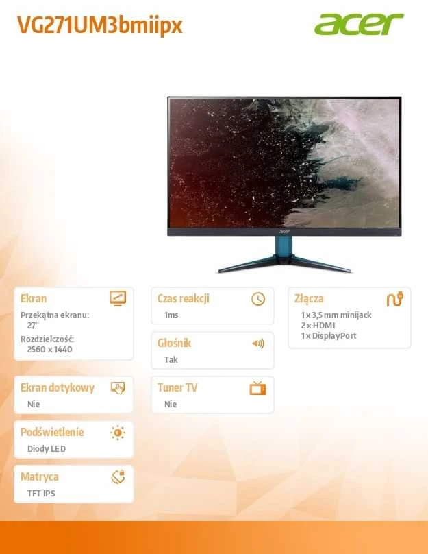 Monitorius „ACER Nitro VG271UM3bmiipx“ 27 colių IPS QHD 180Hz 250 nitų 1 ms / 0,5 ms 2xHDMI DP MM garso išvestis HDR10 „FreeSync“ ES