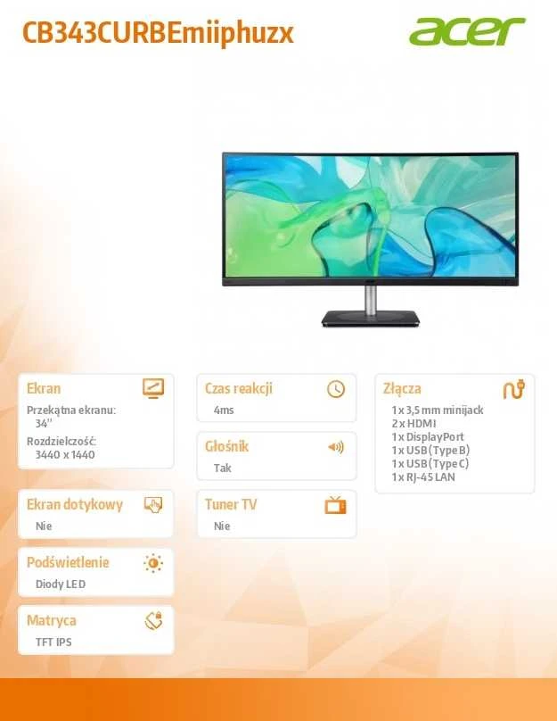 Monitorius Acer CB343CURBEMIIPHUZX - 60Hz | UWQHD | 34'' | IPS | 4ms
