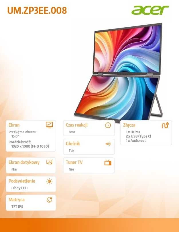 Monitorius Acer | PD163QBMIUUX PD3 Series | 16 " | IPS | 16:9 | 60 Hz | 8 ms | 1920 x 1080 pikselių | 250 cd/m² | HDMI jungtys quantity 1 | Juodas