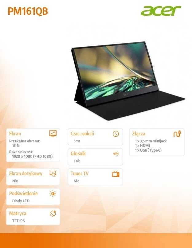 Monitorius Acer PM161QB1bmiuux - 60Hz | „Full HD“ | IPS | 15,6 colio