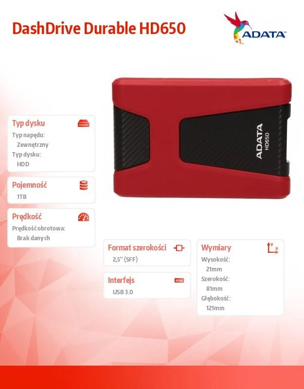 Kietasis išorinis diskas Adata HD650 1TB 2.5" USB3 Raudonas