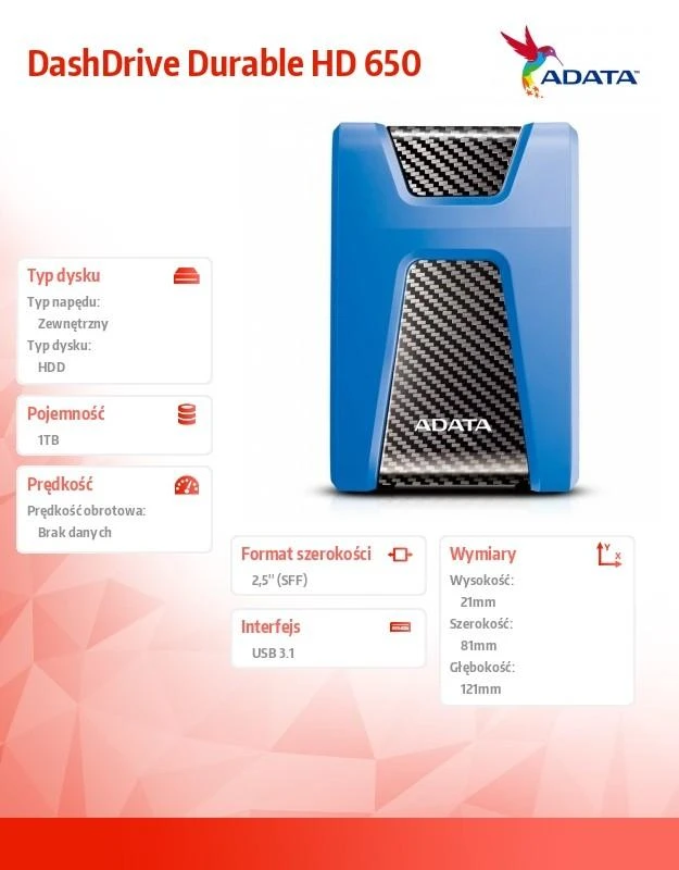 Kietasis išorinis diskas Adata HD650 1TB 2.5", USB 3.1 (suderinama su USB 2.0), Mėlynas